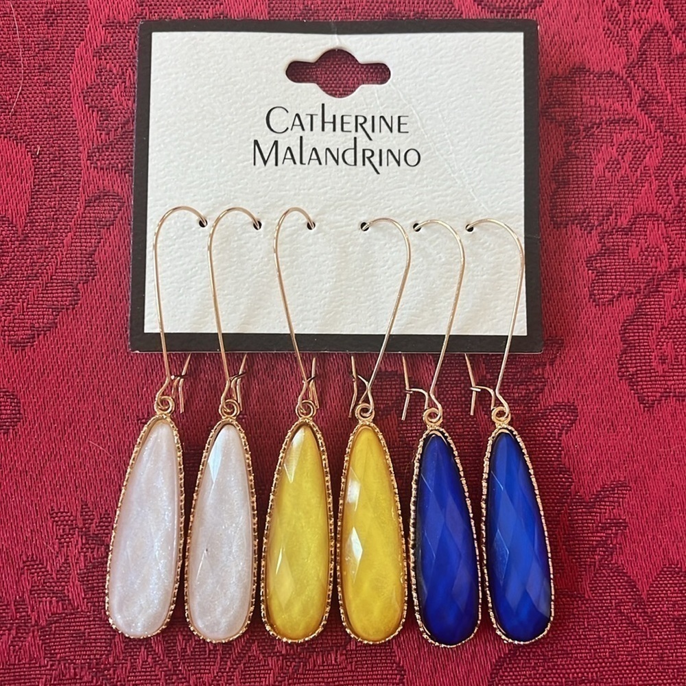Brand New Catherine Malandrino Set of Three Blue, Yellow & White Drop Earrings